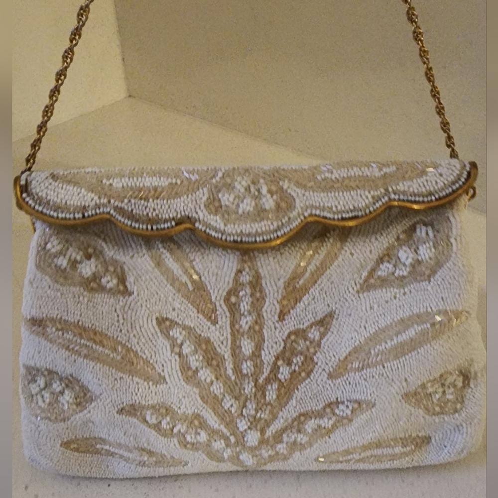 "Rare" JOSEF Vintage White 'n' Gold Beaded Purse w-Gold Chain Strap - GORGEOUS!!